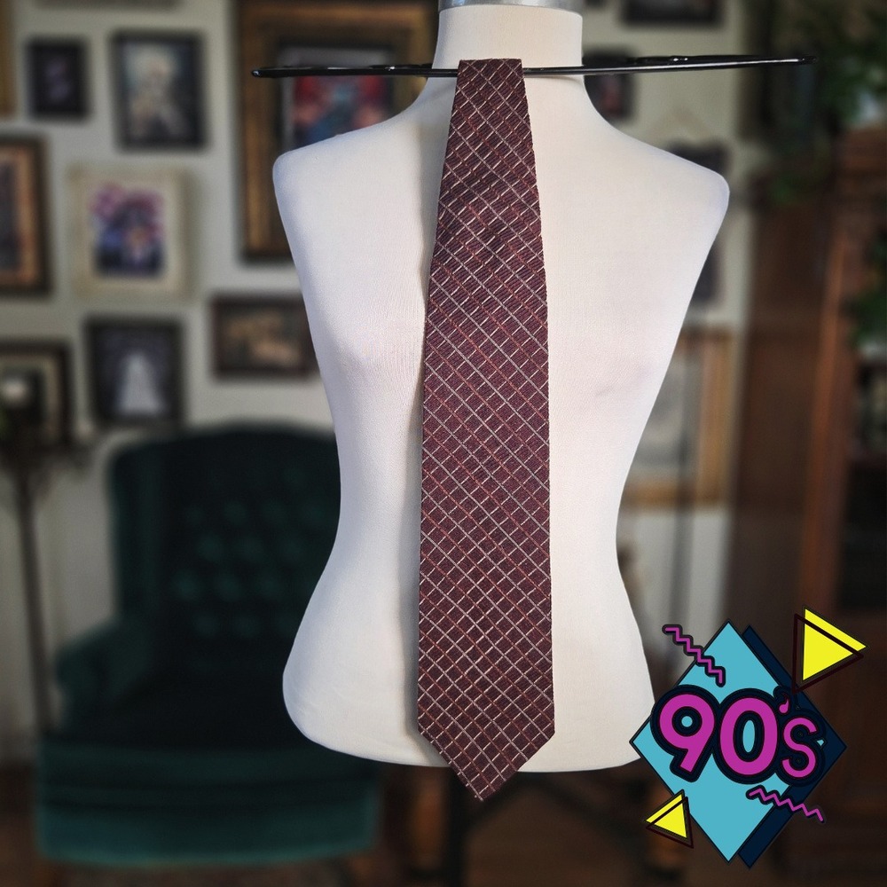 Structure Silk Necktie Vintage 90s Burgundy Geometric Wool Silk Blend USA Tie